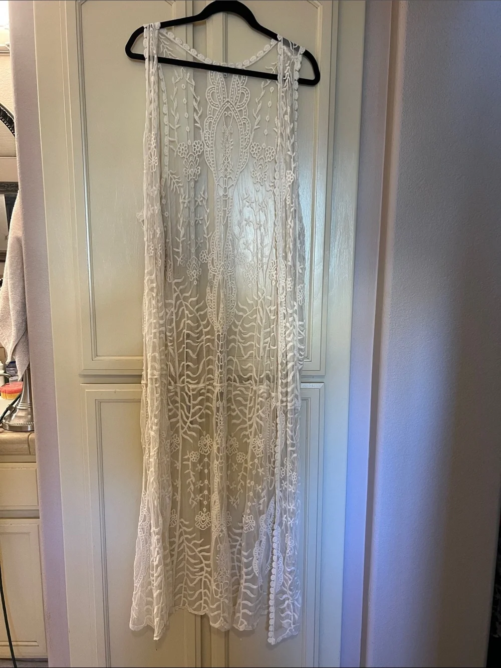 Embroidered Sheer Lace Duster Vest — White